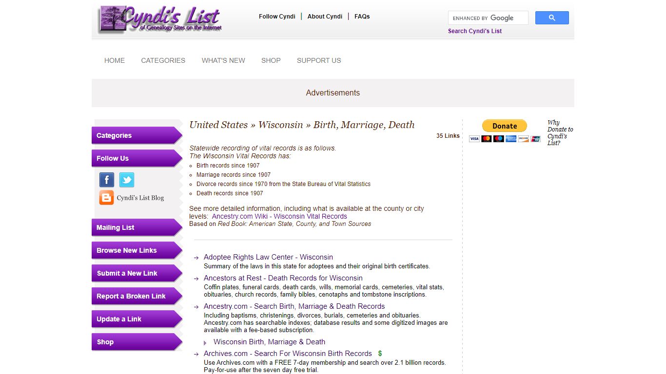Cyndi's List - United States - Wisconsin - Birth, Marriage ...